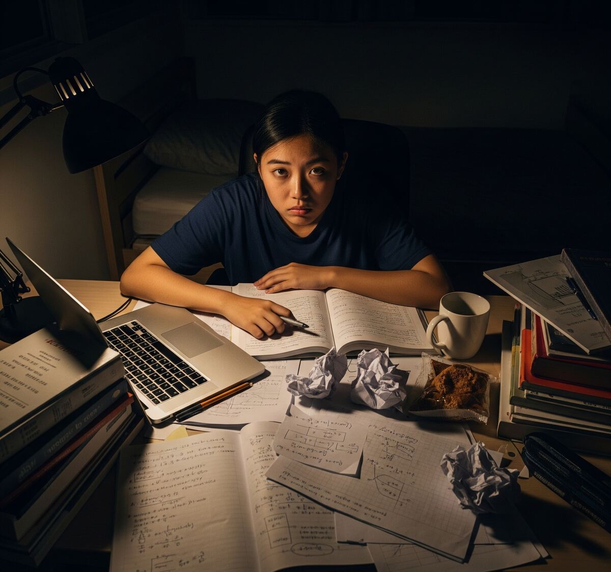 Stressed Singaporean student studying late at night, showing signs of burnout.