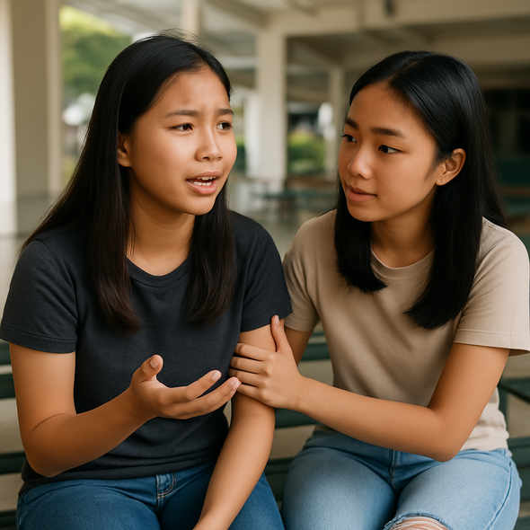 Two youth having an open, supportive conversation in a casual setting.