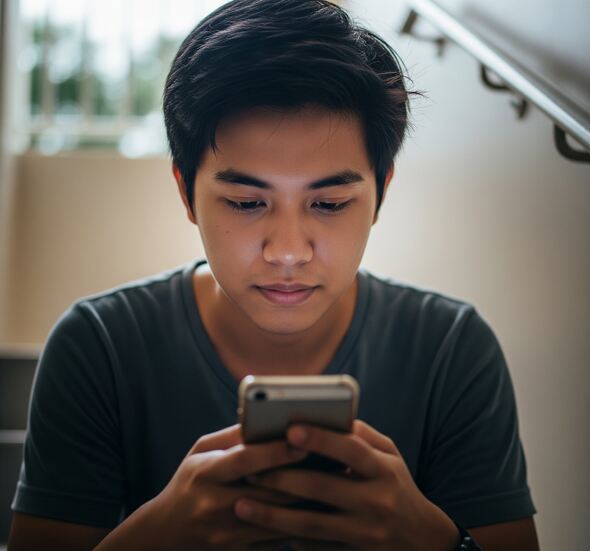 Young person in Singapore texting privately on their phone in a calm setting, symbolizing anonymous mental health chat support.