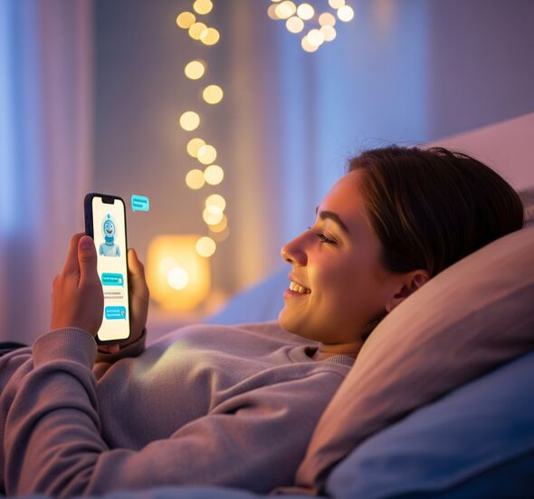 Teenager lying in bed using a smartphone to chat with an AI chatbot.
